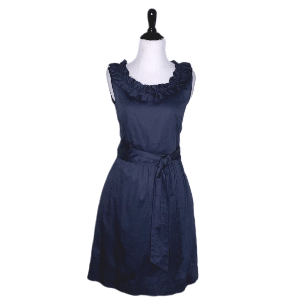 J. Crew | Tie Waist Navy Blue Ruffle Neck Dress